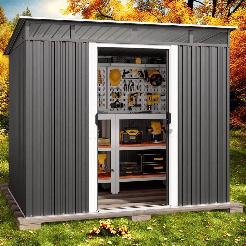 Metal Outdoor Storage Shed 7.4×5.3 FT with Sliding Door and Window