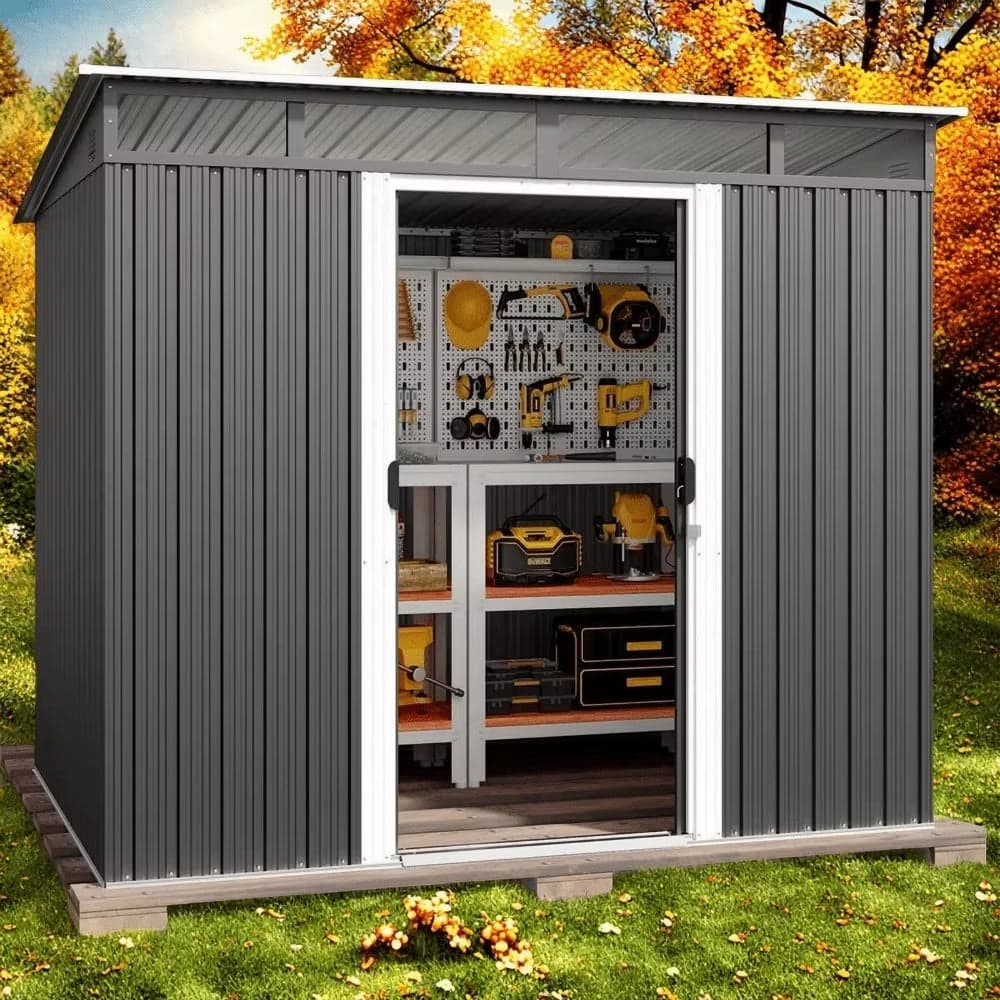 Metal Outdoor Storage Shed 7.4×5.3 FT with Sliding Door and Window