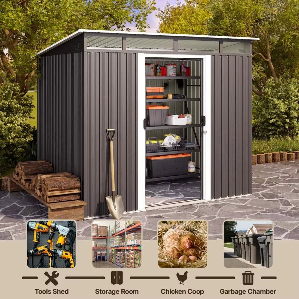 Metal Outdoor Storage Shed 7.4×5.3 FT with Sliding Door and Window
