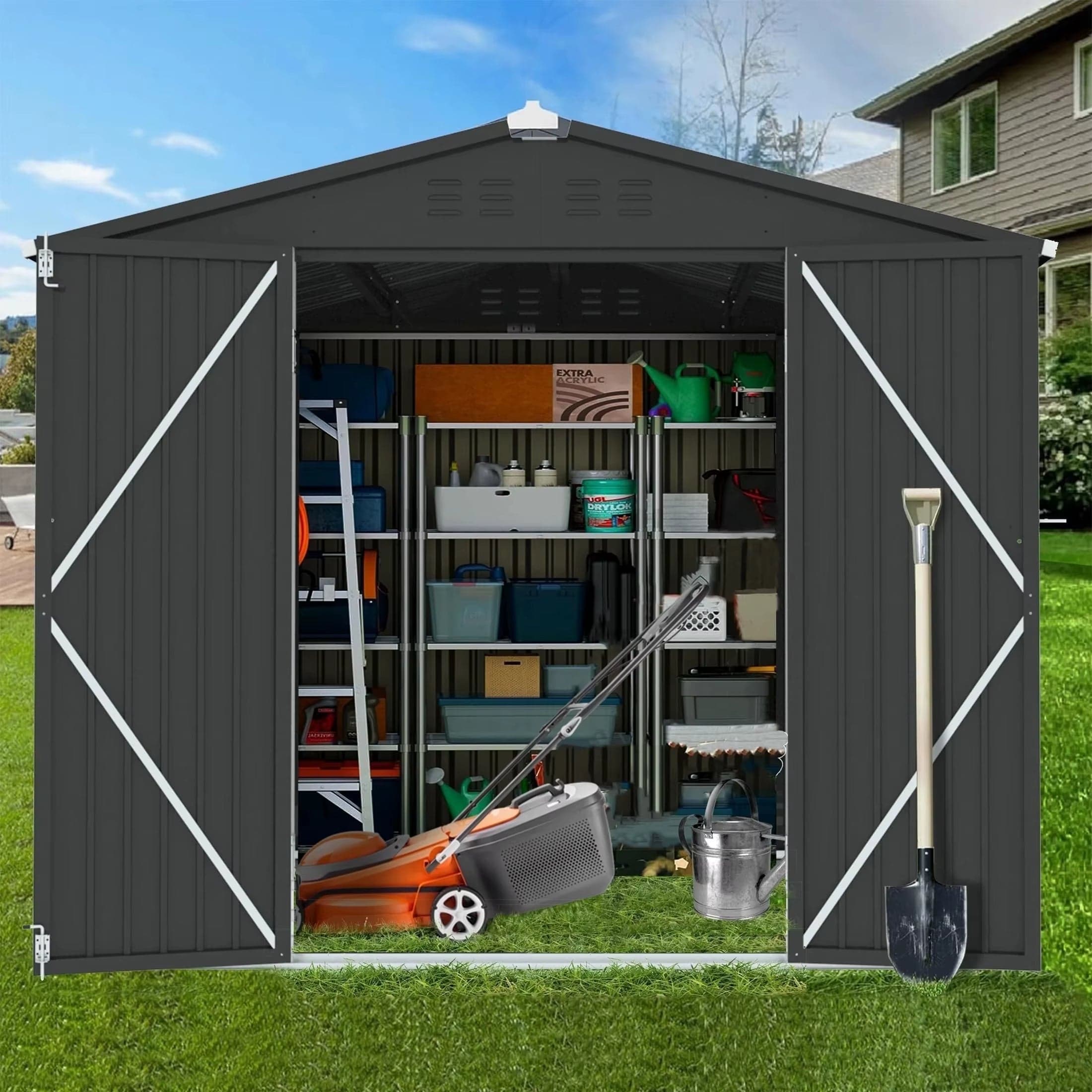 Metal Outdoor Storage Shed 8×6 FT with Hinged Doors and Vents