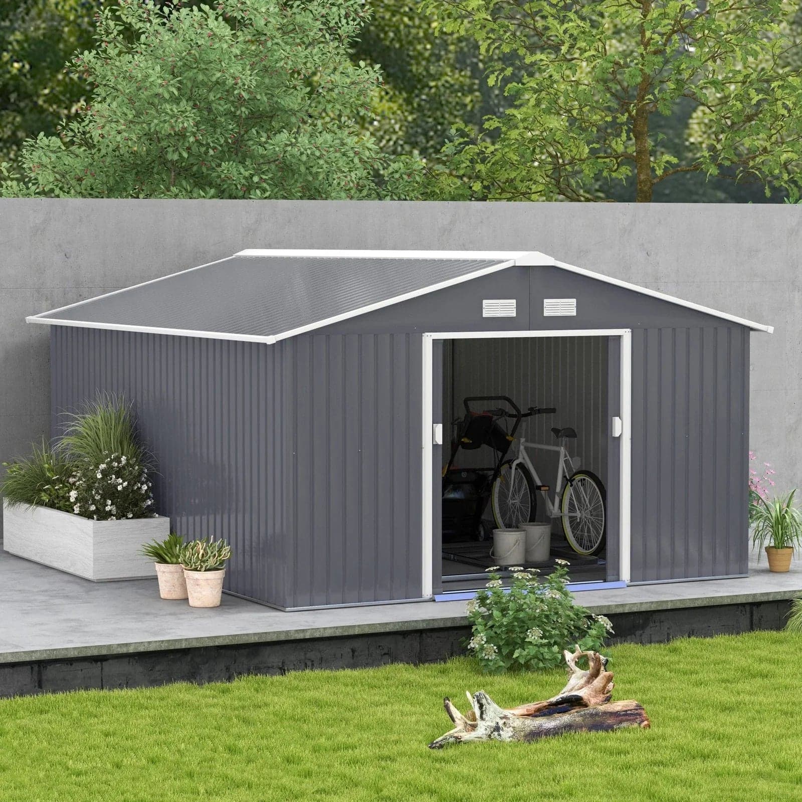 Outsunny Outdoor Storage Shed Dark Gray 11'×13' Galvanized Steel