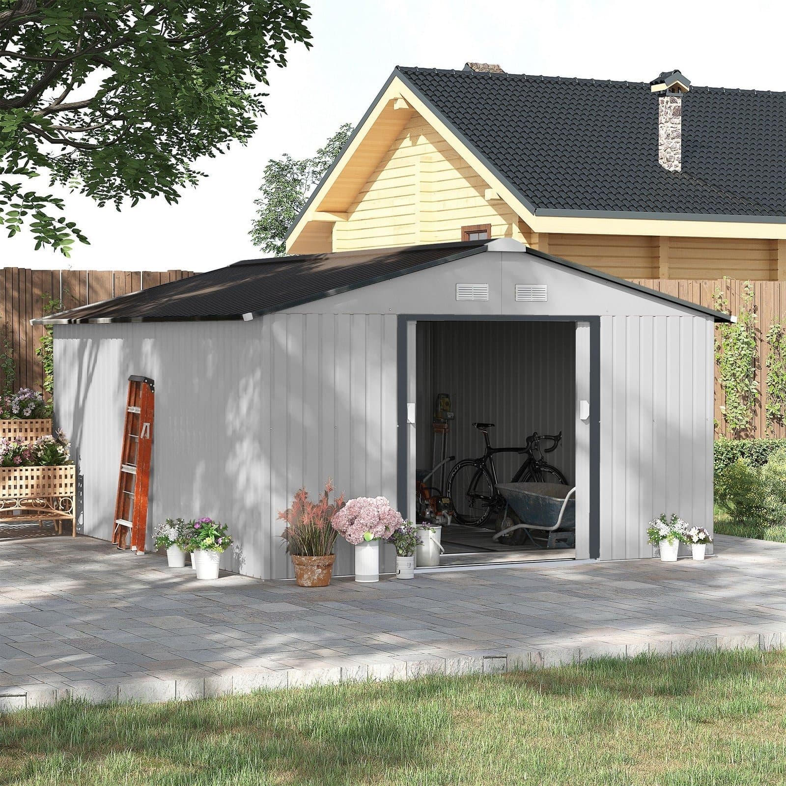 Outsunny Outdoor Storage Shed White 11' x 13' Galvanized Steel